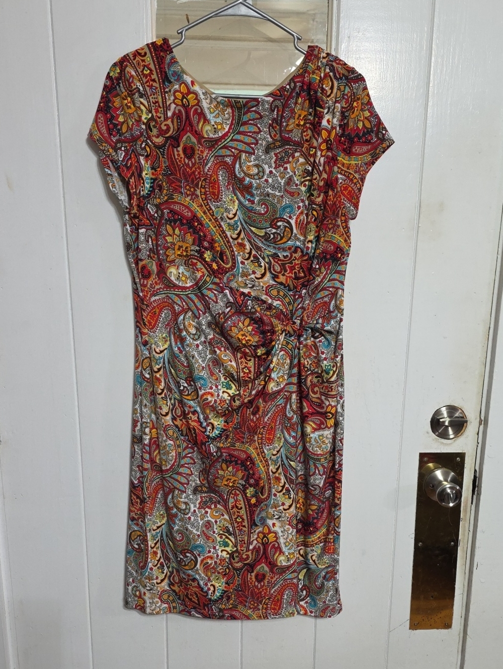 Ellen Tracy Multicolor Paisley Midi Dress Twisted Knot Accent Stretch Sz 12 EUC